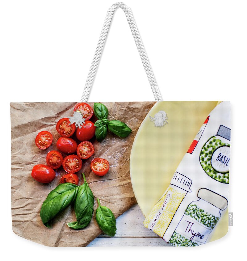 Vegetables Weekender Tote Bag featuring the photograph Tomatoes on Yellow Plate by Rebecca Cozart