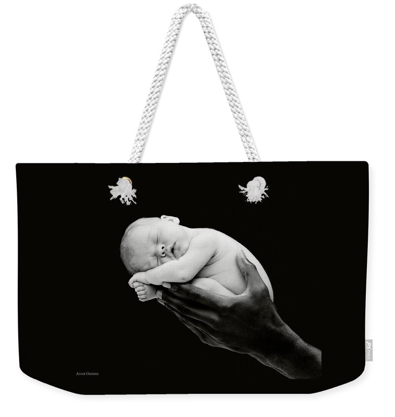 Black And White Weekender Tote Bag featuring the photograph Tony holding Georgia by Anne Geddes