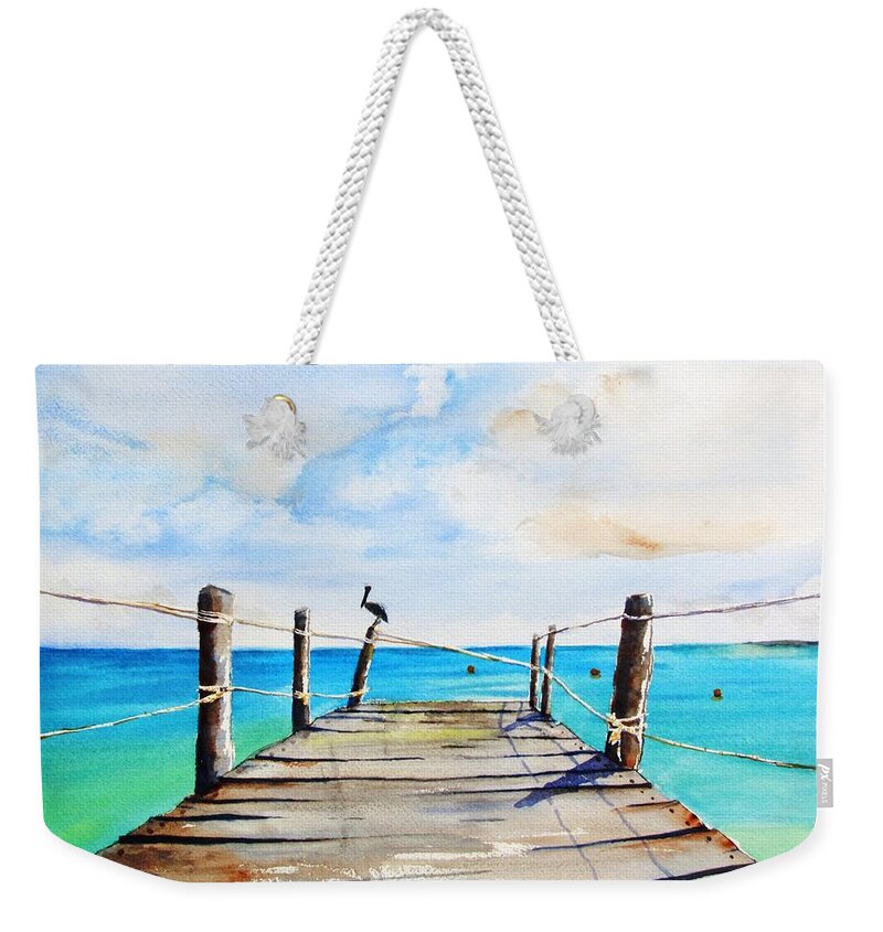 Old Pier Weekender Tote Bag featuring the painting Top of Old Pier on Playa Paraiso by Carlin Blahnik CarlinArtWatercolor