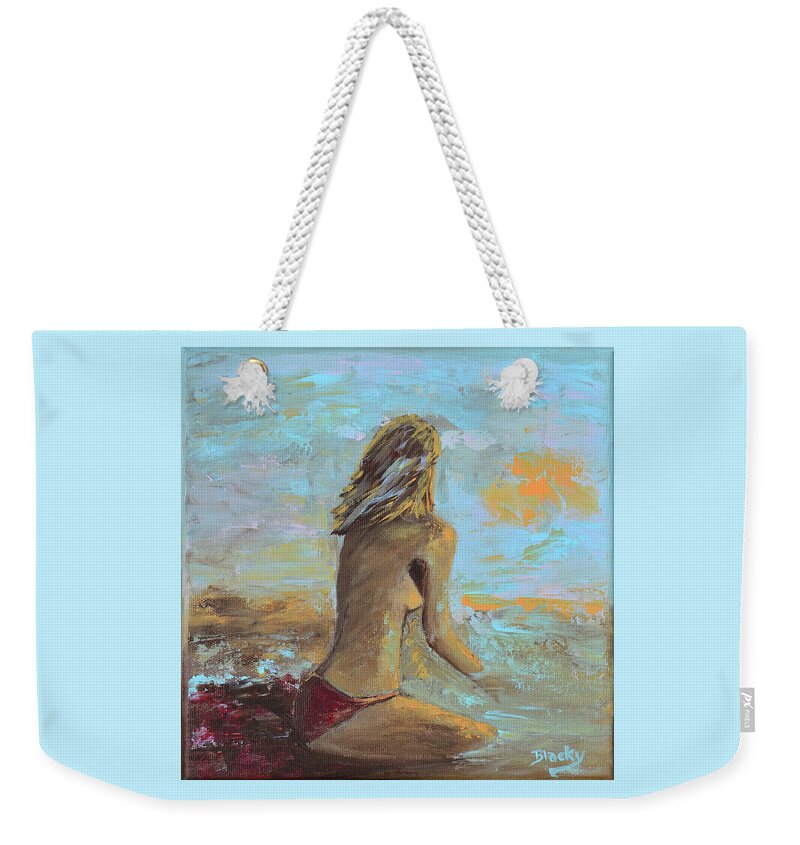 Beach Weekender Tote Bag featuring the painting Topless Beach by Donna Blackhall