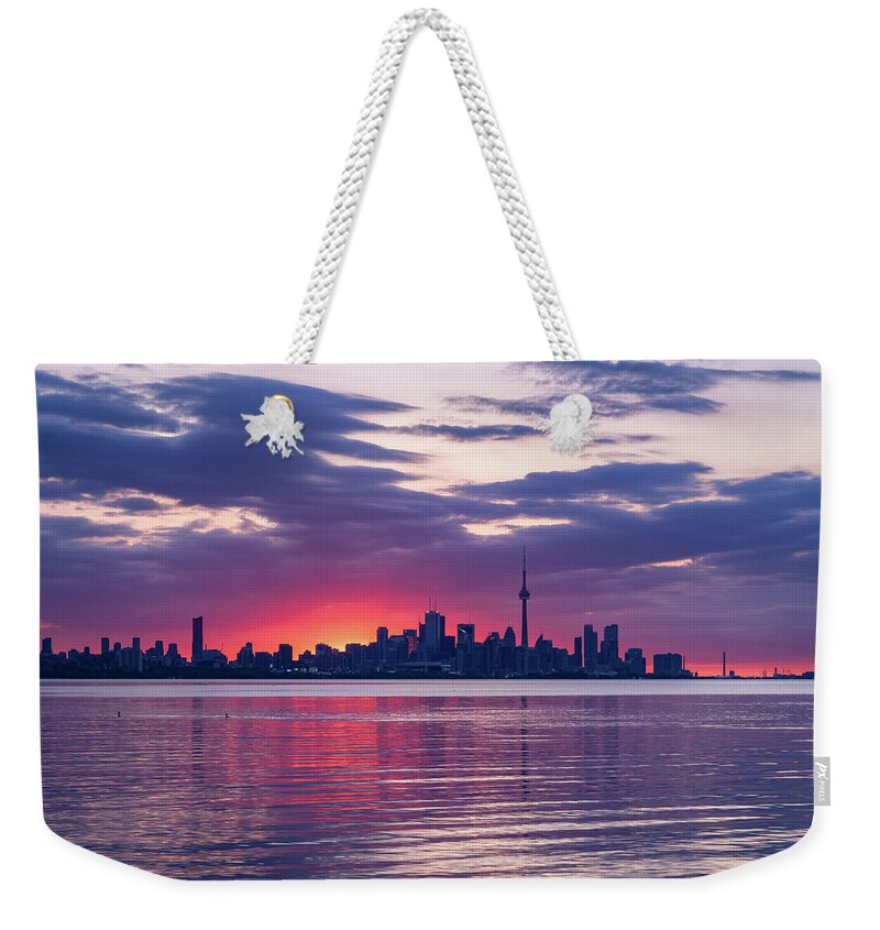 Georgia Mizuleva Weekender Tote Bag featuring the photograph Toronto in Fifty Shades of Violet Pink and Purple by Georgia Mizuleva