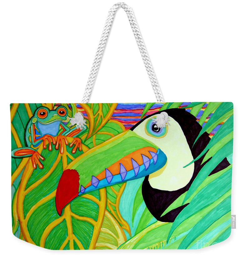 Red Eyed Tree Frogs Weekender Tote Bag featuring the drawing Toucan and Red Eyed Tree Frog by Nick Gustafson