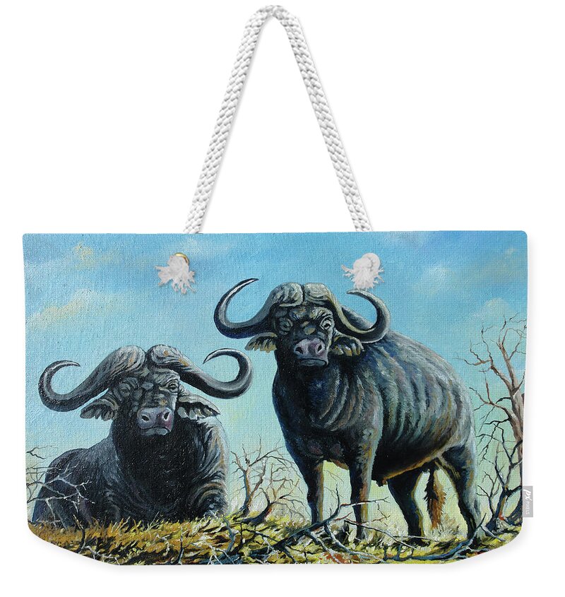 Buffalo Weekender Tote Bag featuring the painting Tough Guys by Anthony Mwangi