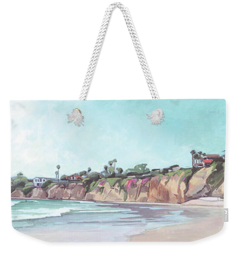 Tourmaline Surf Park Weekender Tote Bag featuring the painting Tourmaline Surfing Park Pacific Beach San Diego by Paul Strahm