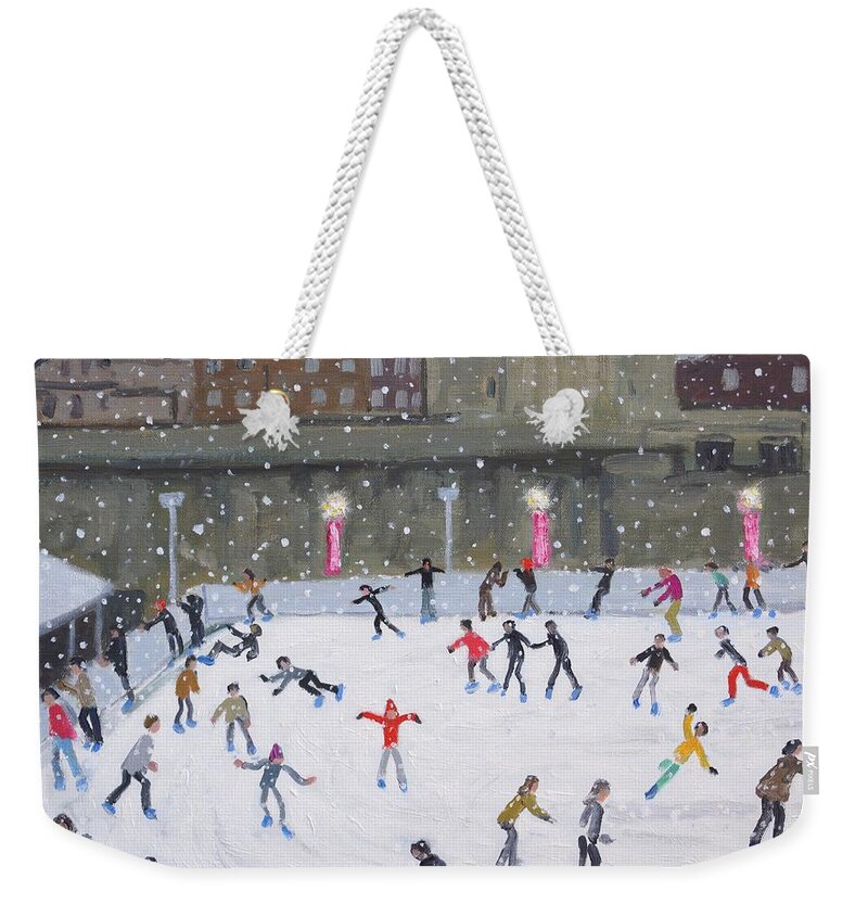 Ice Skating Weekender Tote Bag featuring the painting Tower of London Ice Rink by Andrew Macara