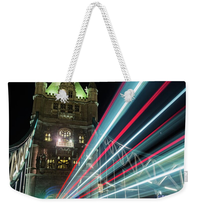 London Weekender Tote Bag featuring the photograph Tower Trails by Alex Lapidus