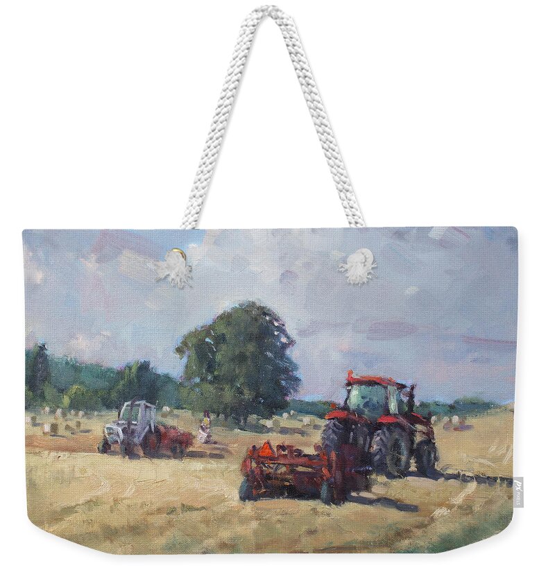 Tractors Weekender Tote Bag featuring the painting Tractors in the Farm Georgetown by Ylli Haruni