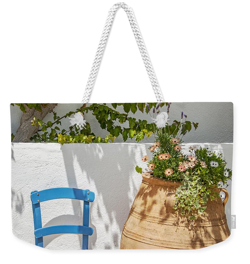 Makrigialos Weekender Tote Bag featuring the photograph Traditional greek veranda by Sophie McAulay