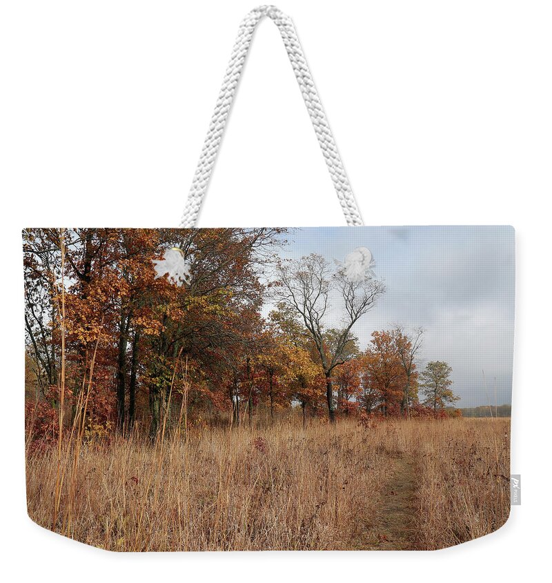 Grass Weekender Tote Bag featuring the photograph Trail Through the Autumn Prairie by Scott Kingery