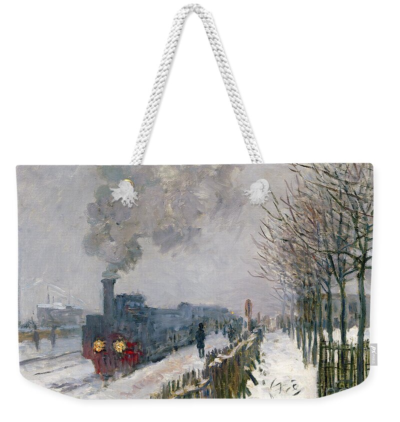 Train Weekender Tote Bag featuring the painting Train in the Snow or The Locomotive by Claude Monet