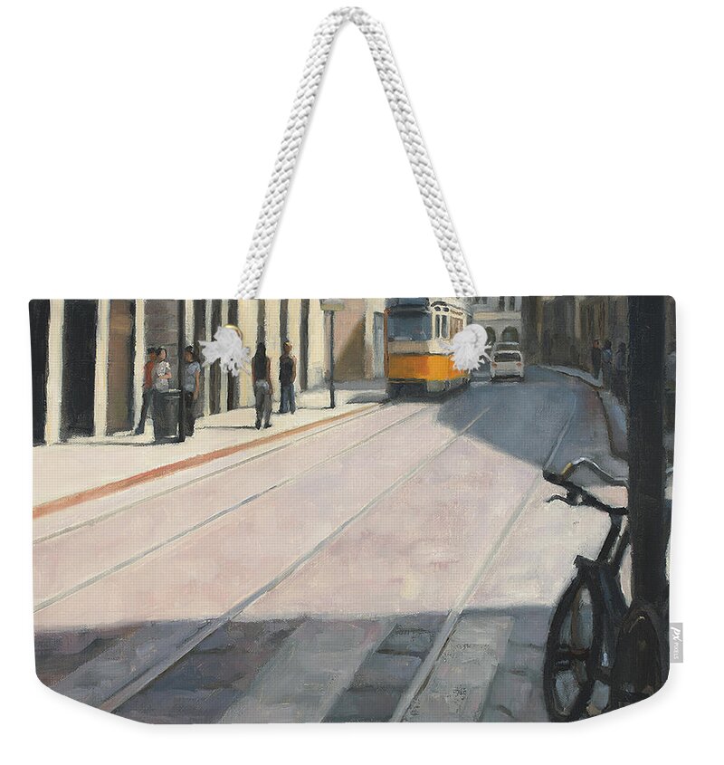 Train Weekender Tote Bag featuring the painting Trains on time by Tate Hamilton