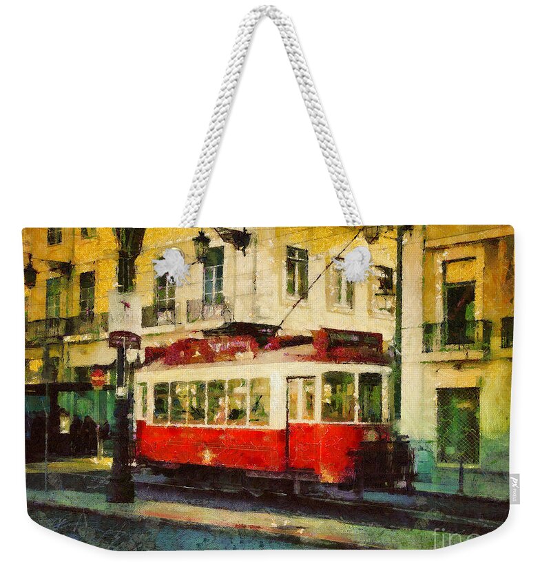 Painting Weekender Tote Bag featuring the painting Tram in Lisbon by Dimitar Hristov