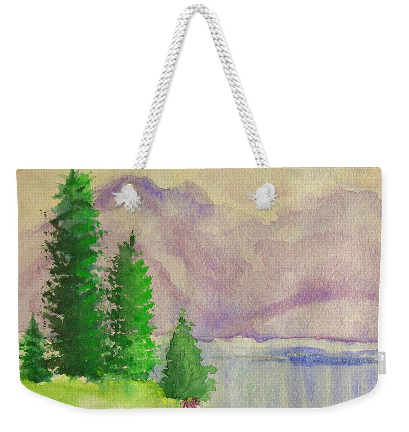 Mountain Painting Print Weekender Tote Bag featuring the painting Tranquility by Dolores Deal