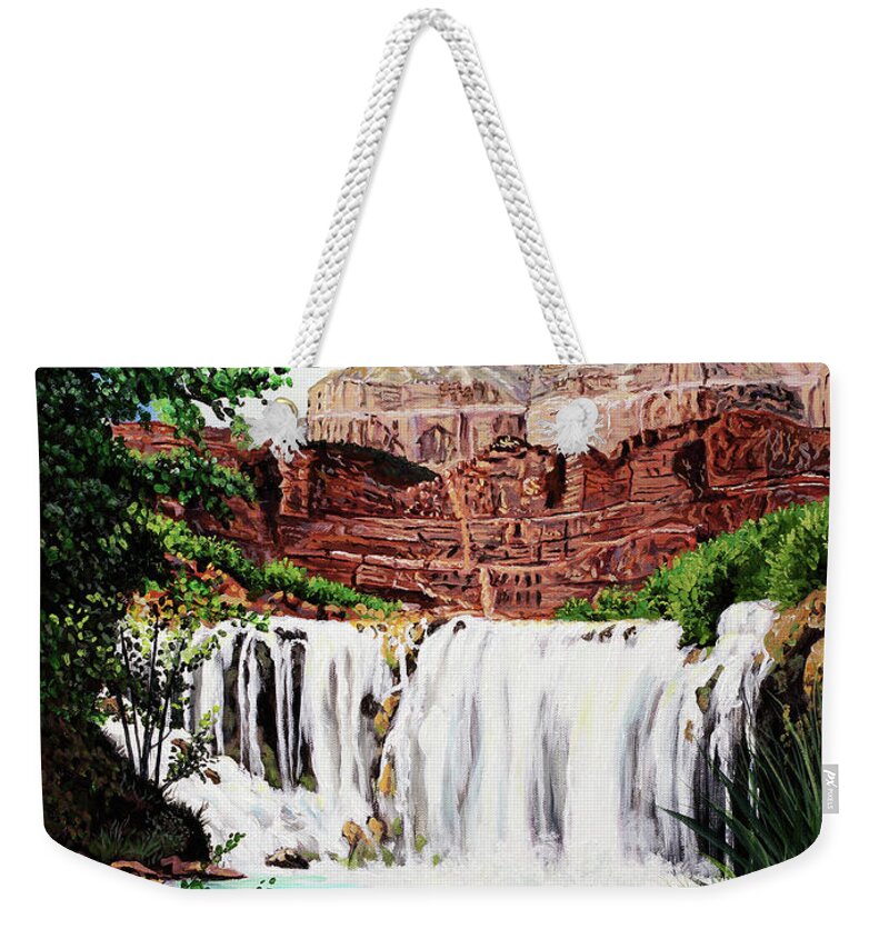 T L Weekender Tote Bag featuring the painting Tranquility in the Canyon by Timithy L Gordon