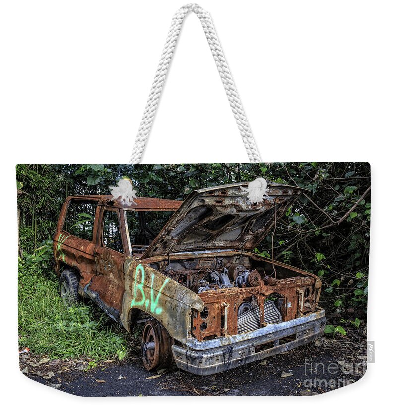 Maui Weekender Tote Bag featuring the photograph Trashed Car Maui Hawaii by Edward Fielding