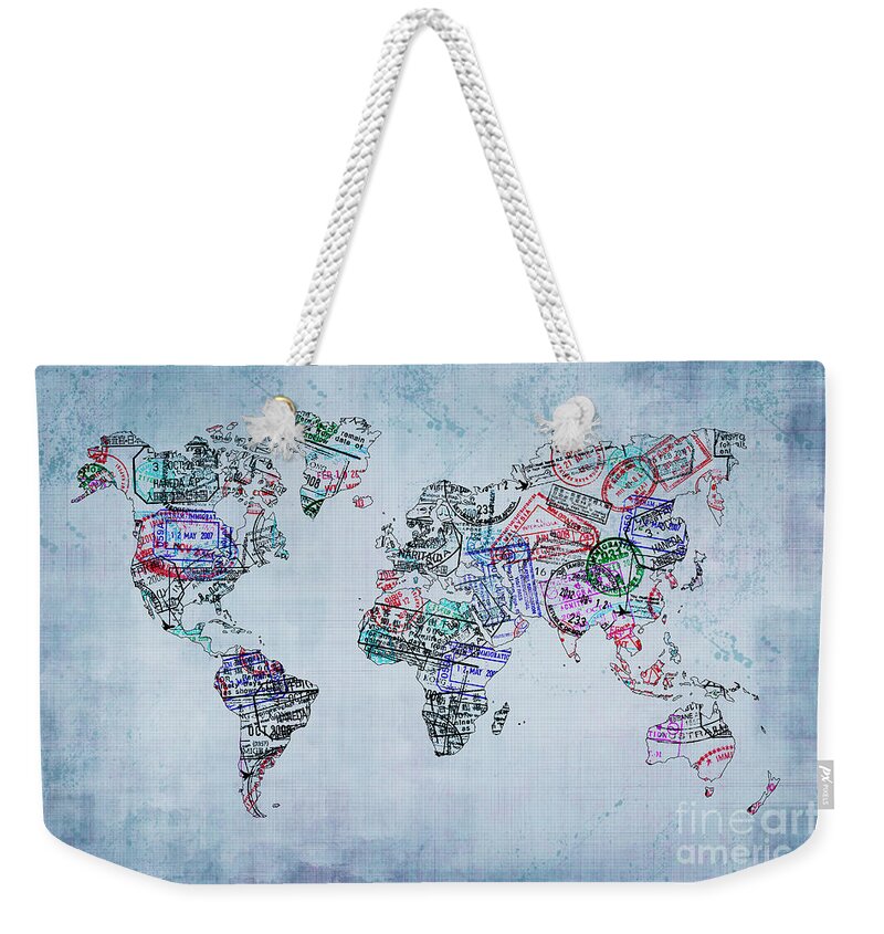 World Weekender Tote Bag featuring the photograph Traveler world map by Delphimages Map Creations