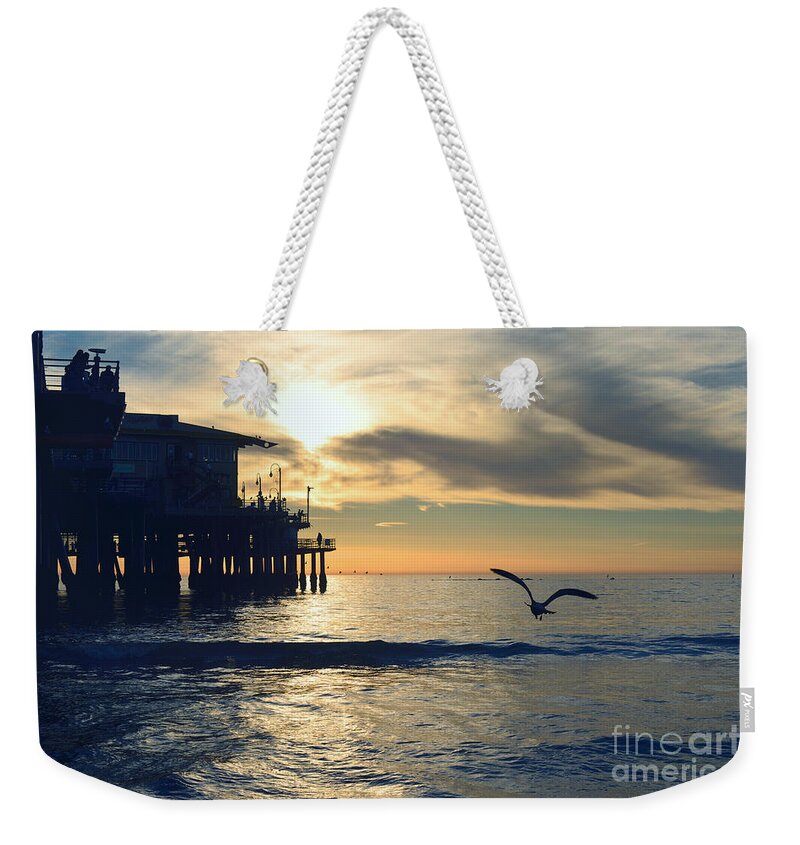 Seagull Weekender Tote Bag featuring the photograph Seagull Pier Sunrise Seascape C1 by Ricardos Creations