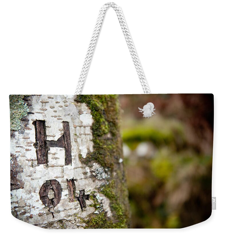 Tree Weekender Tote Bag featuring the photograph Tree Bark Graffiti - H 04 by Helen Jackson