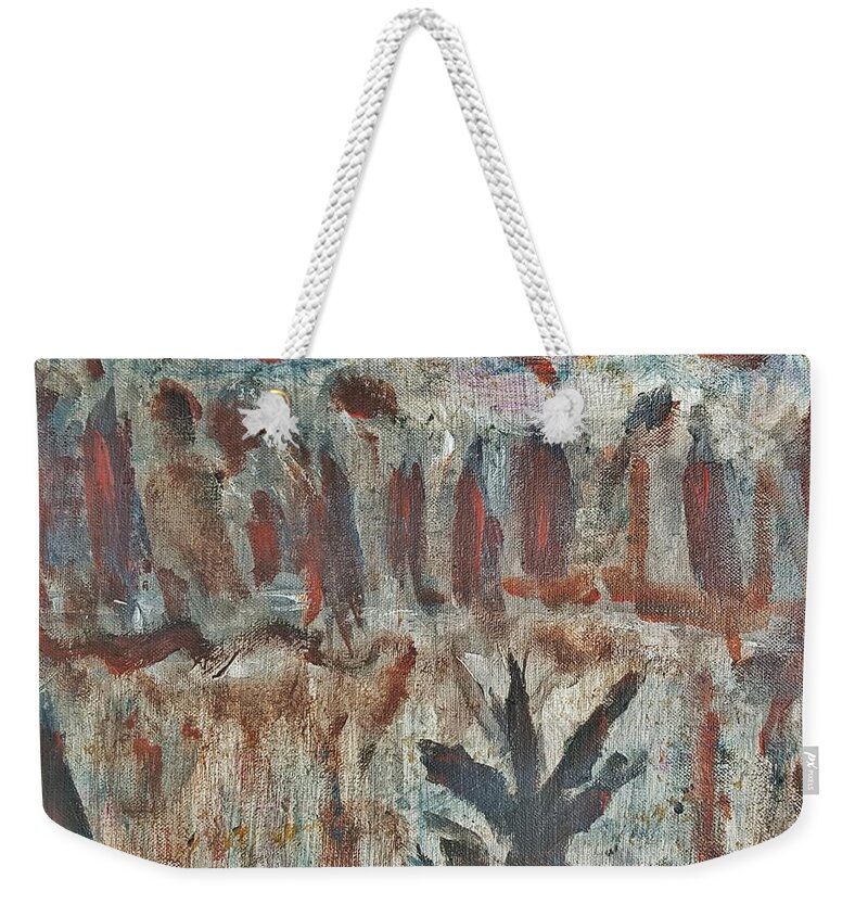 Tree Weekender Tote Bag featuring the painting Tree facing frozen lake with roiling storm clouds rolling in from the mountain range winter with fal by MendyZ