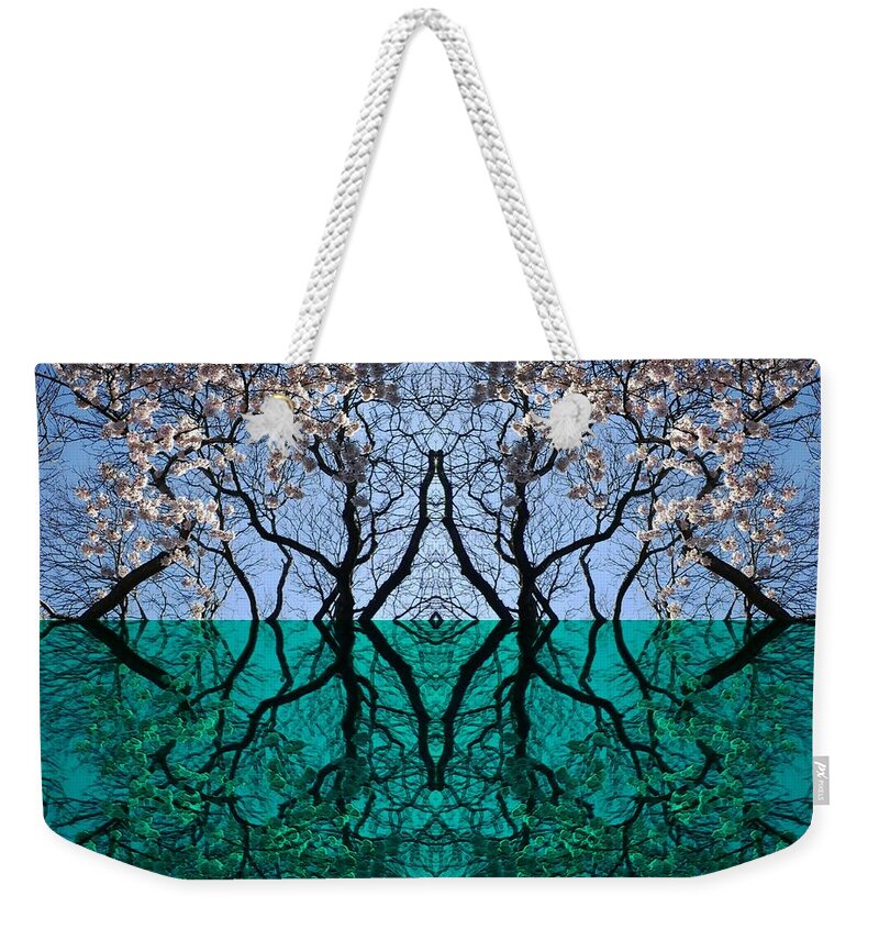 Tree Weekender Tote Bag featuring the mixed media Tree Gate between Water and Sky Worlds by Julia Woodman
