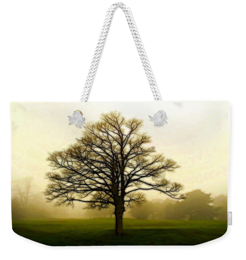 Tree Weekender Tote Bag featuring the digital art Tree in the Fog by Lilia S