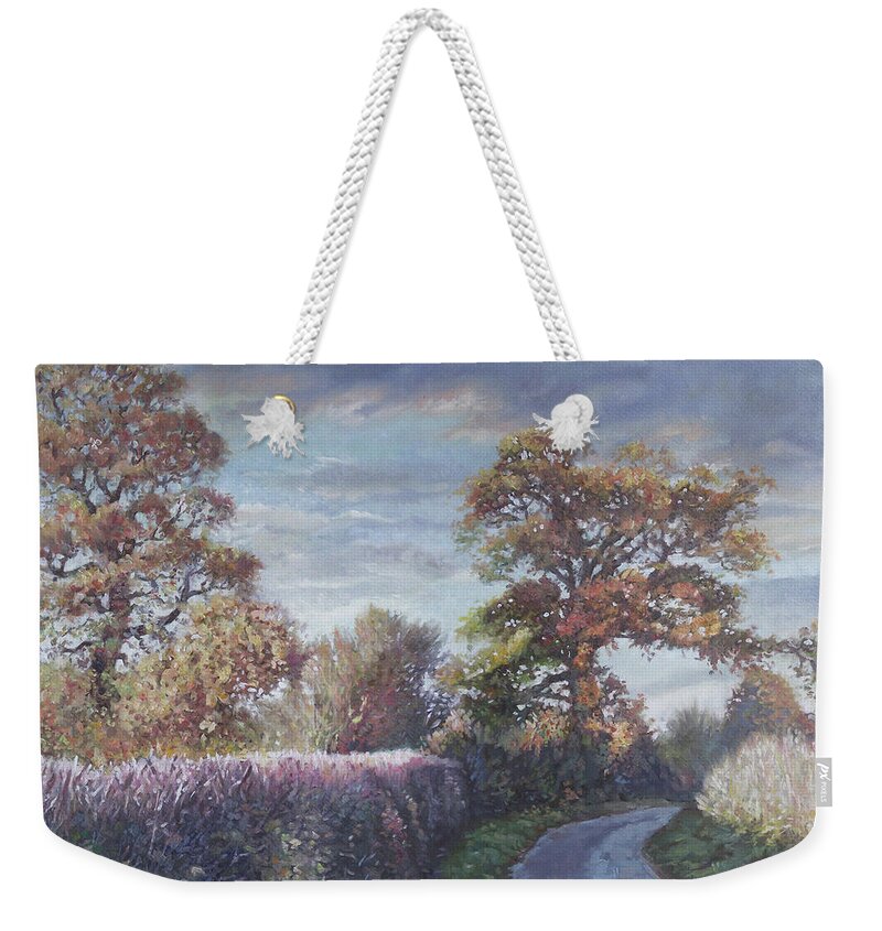 Trees Weekender Tote Bag featuring the painting Tree Lined Countryside Road by Martin Davey