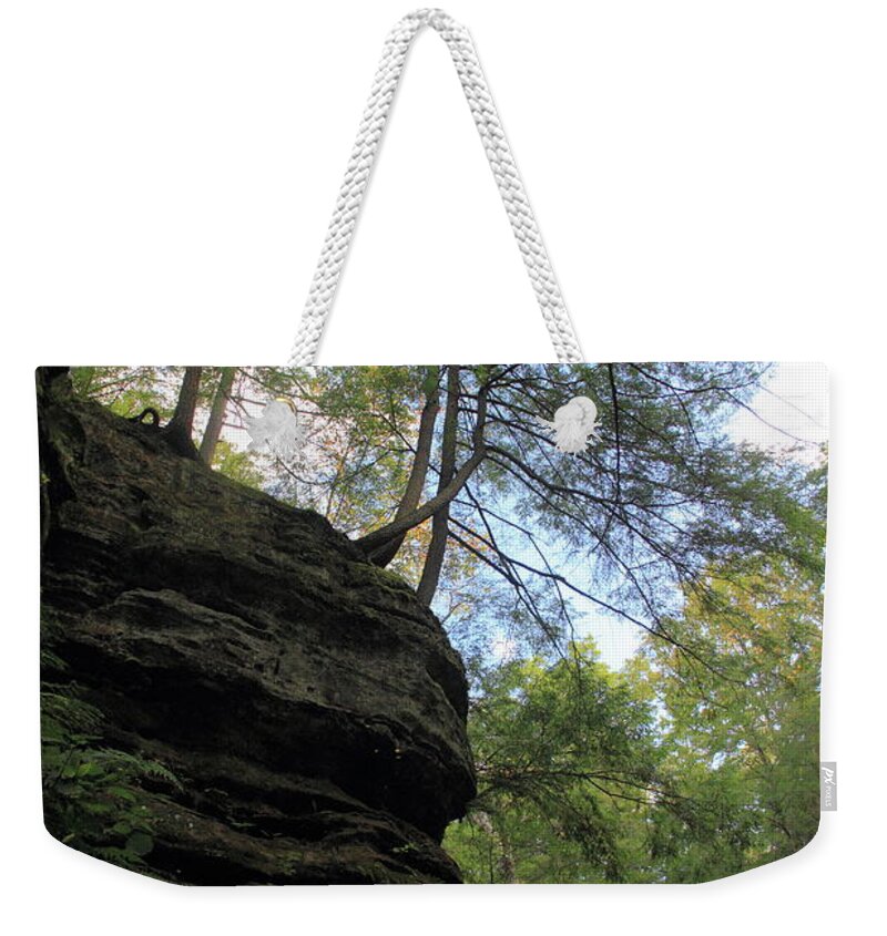 Old Man's Cave Weekender Tote Bag featuring the photograph Trees Hanging Over Cliff by Angela Murdock