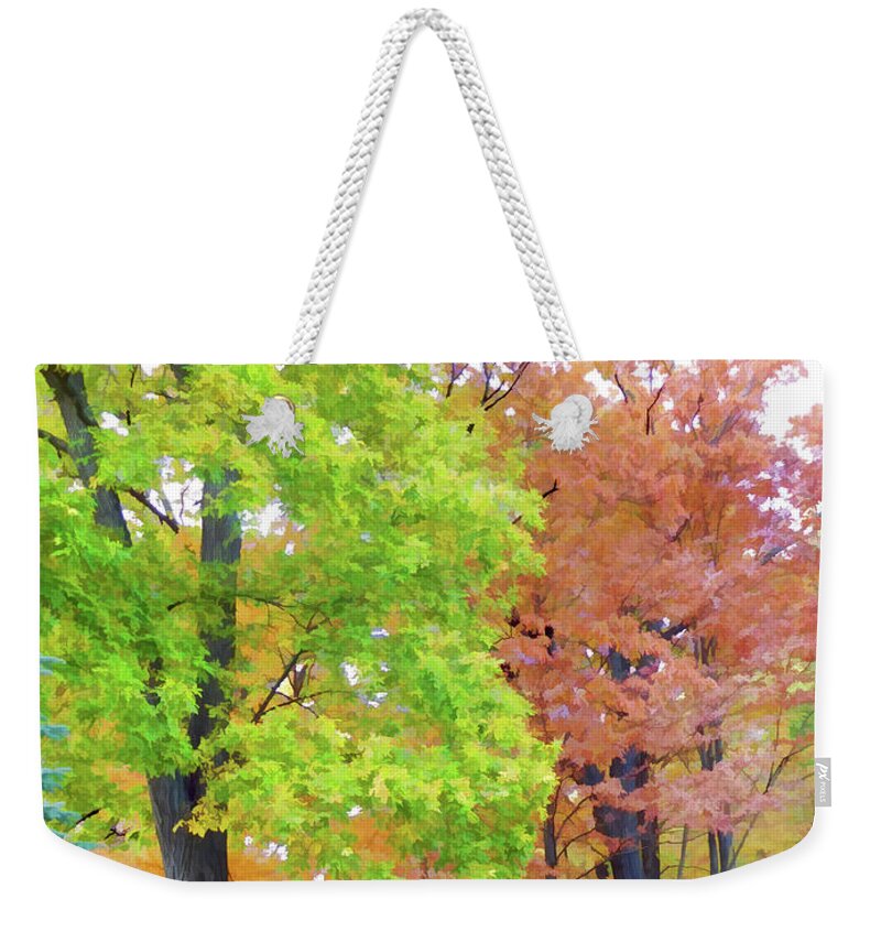 Trees With Fall Color Weekender Tote Bag featuring the painting Trees with fall color 2 by Jeelan Clark