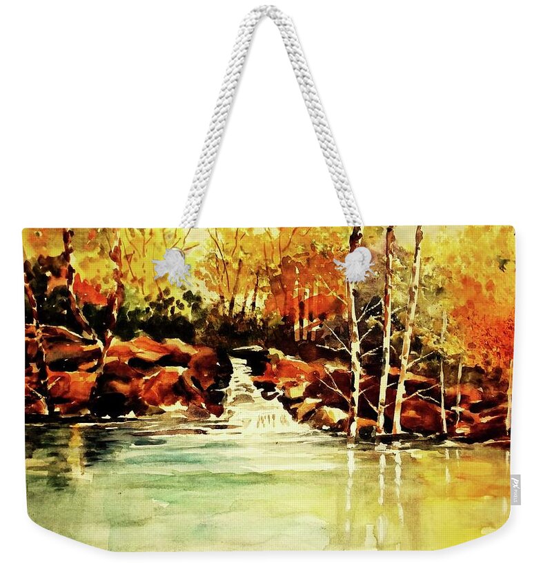 Waterfall Weekender Tote Bag featuring the painting Trickling Spring in Autumn by Al Brown