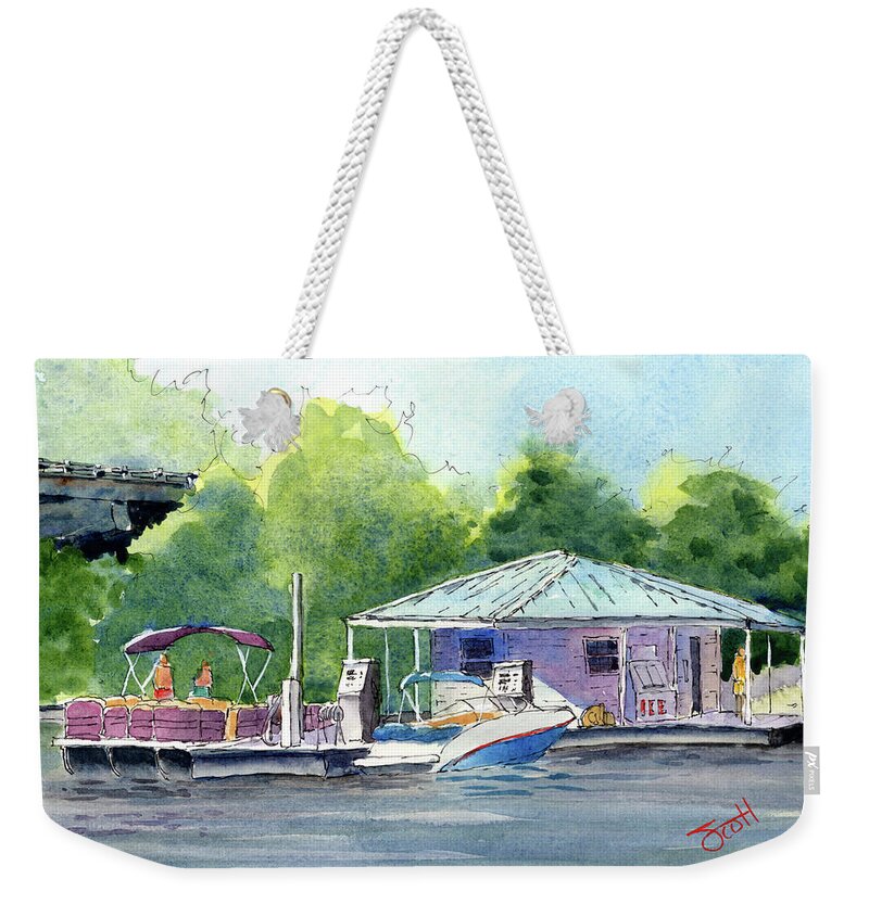 Marina Weekender Tote Bag featuring the painting Trident Marina by Scott Brown
