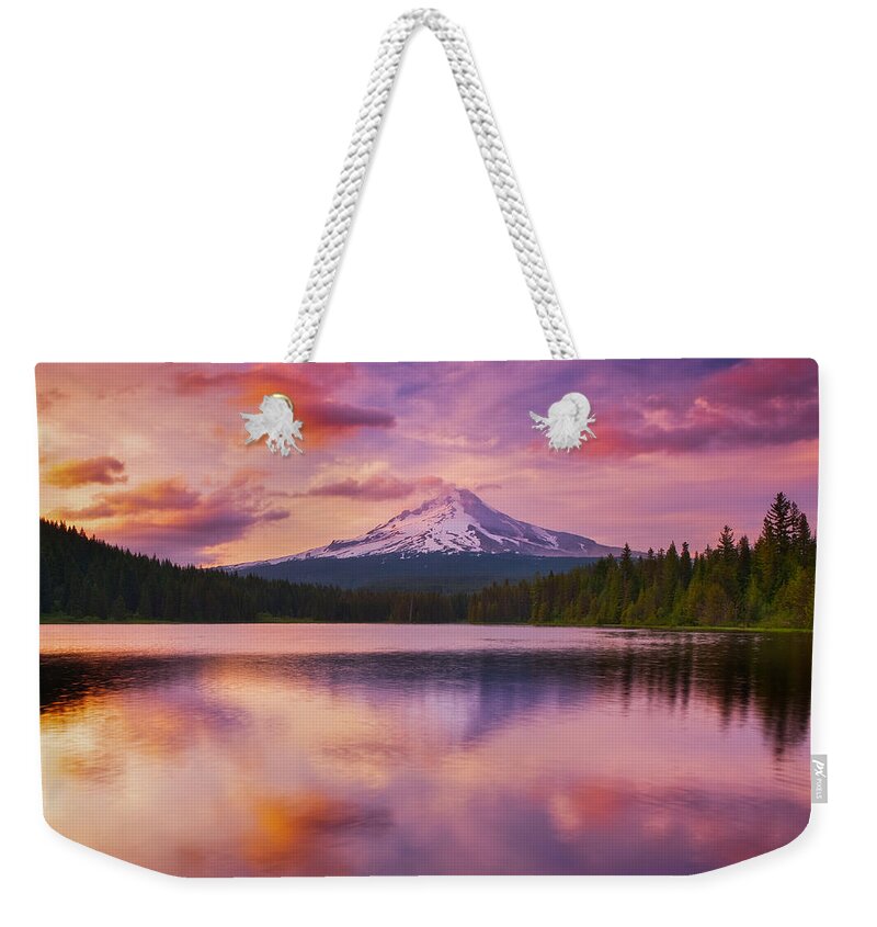 Sunset Weekender Tote Bag featuring the photograph Trillium Lake Pastels by Darren White