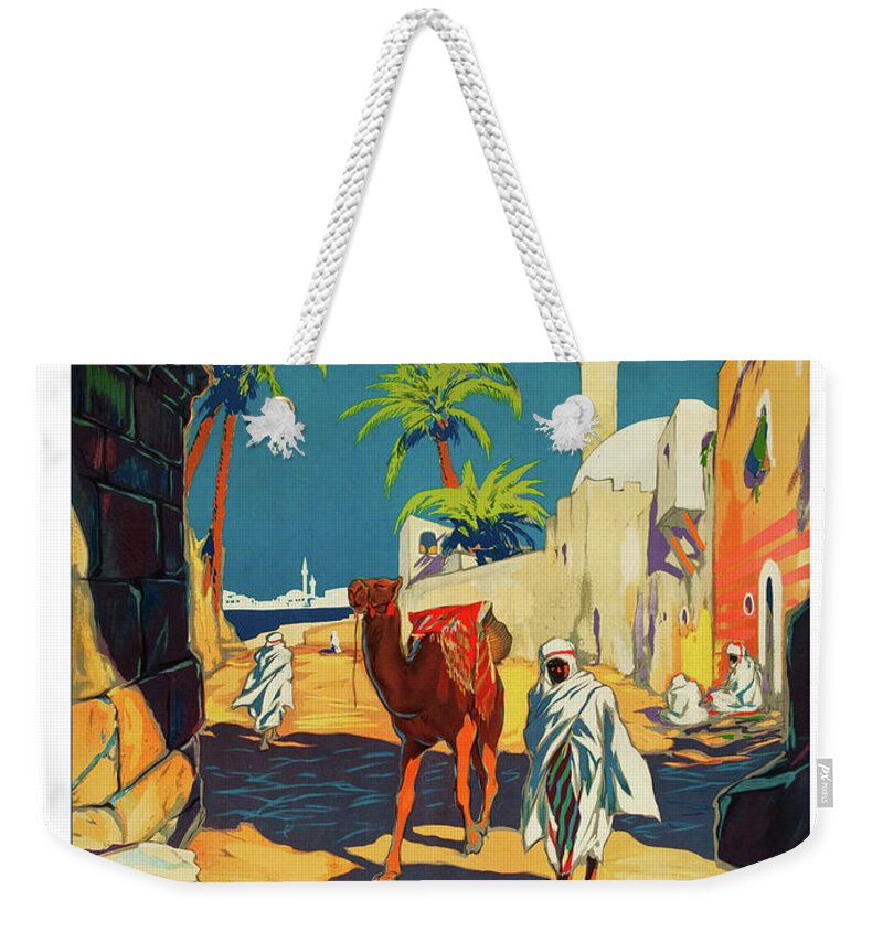 Tripoli Weekender Tote Bag featuring the painting Tripoli, Libya, city, Baudouin with his camel by Long Shot