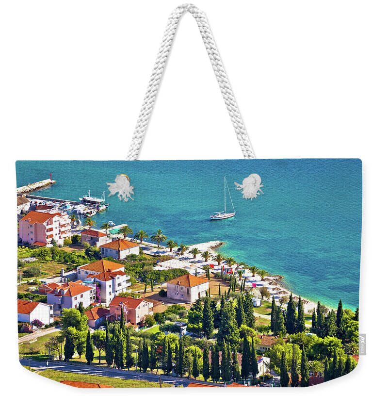 Trogir Weekender Tote Bag featuring the photograph Trogir beach and tourist coast aerial view by Brch Photography