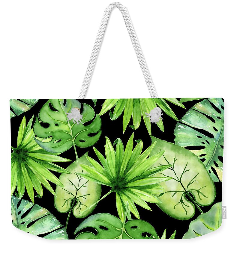 Graphic-design Weekender Tote Bag featuring the digital art Tropical Leaves On Black by Sylvia Cook