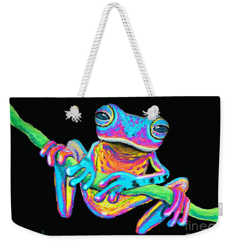 A Colorful Rainbow Frog On A Vine Weekender Tote Bag featuring the painting Tropical Rainbow frog on a vine by Nick Gustafson