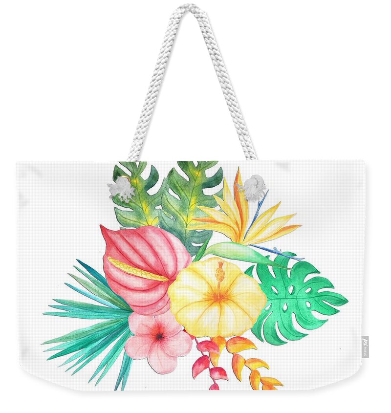 Delicate Weekender Tote Bag featuring the painting Tropical Watercolor Bouquet 6 by Elaine Plesser