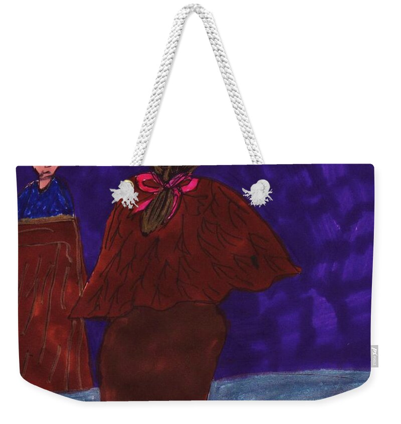 Lady Trying To Get Her Son Out Of Trouble Weekender Tote Bag featuring the mixed media Trouble by Elinor Helen Rakowski