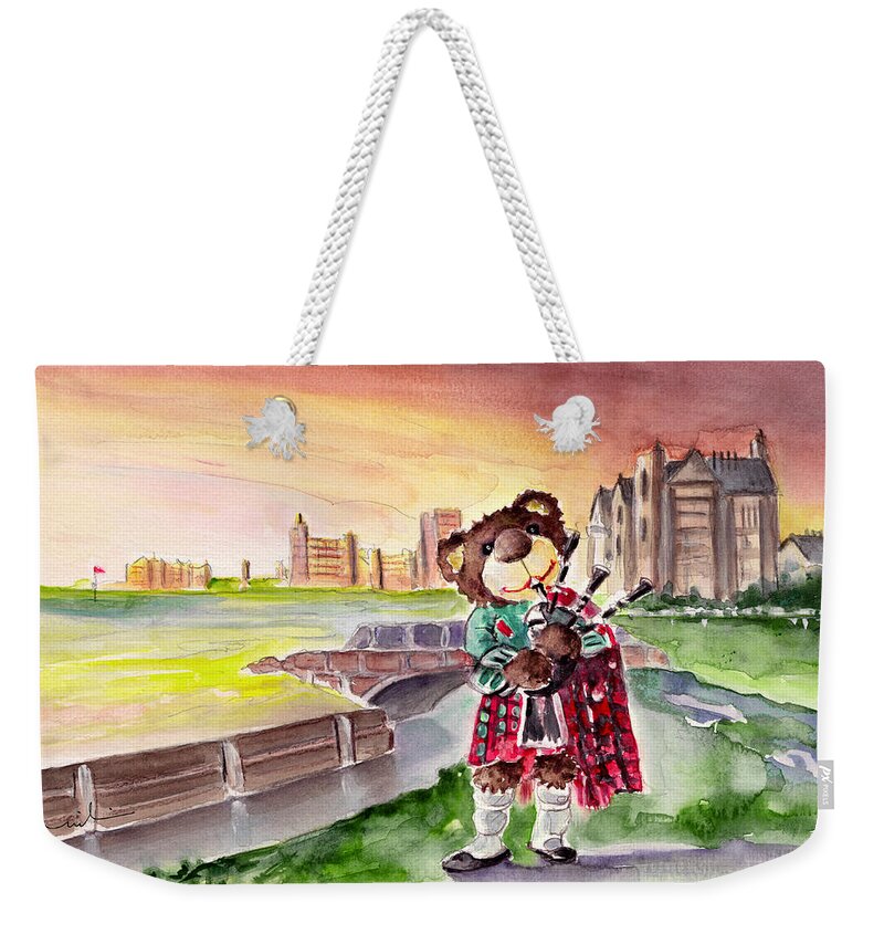 Animals Weekender Tote Bag featuring the painting Truffle McFurry Playing The Bagpipes At St Andrews by Miki De Goodaboom