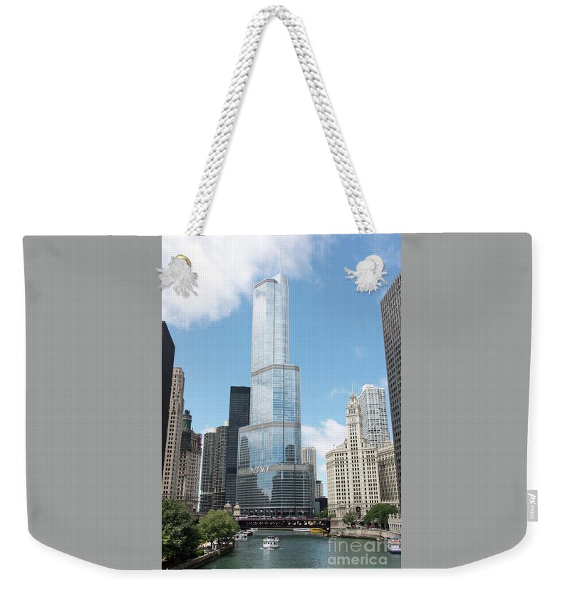 Boats Weekender Tote Bag featuring the photograph Trump Tower Overlooking the Chicago River by David Levin