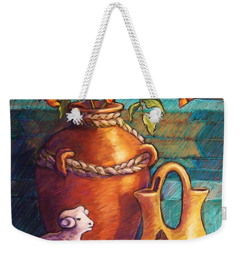 Still Life Weekender Tote Bag featuring the pastel Trumpet Vines and Pottery by Candy Mayer