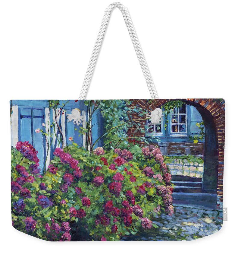 Gardens Weekender Tote Bag featuring the painting Tudor Hydrangea Garden by David Lloyd Glover