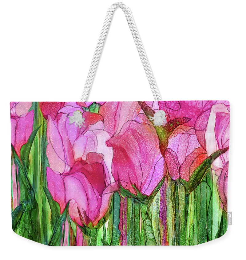Carol Cavalaris Weekender Tote Bag featuring the mixed media Tulip Bloomies 4 - Pink by Carol Cavalaris