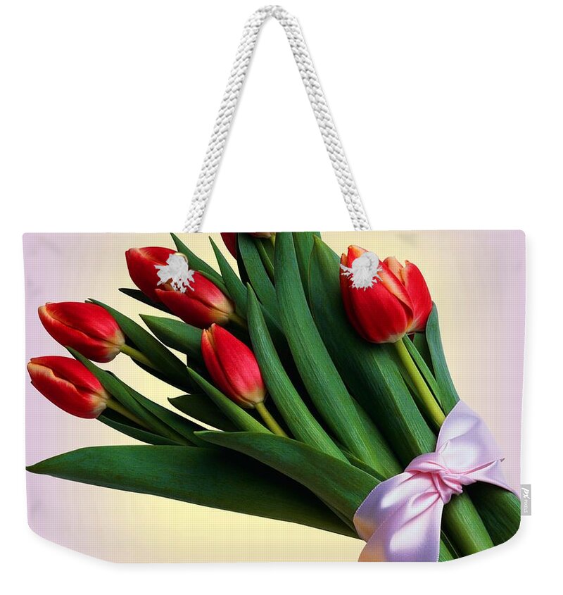 Tulip Weekender Tote Bag featuring the mixed media Tulip Bouquet with Ribbon by Movie Poster Prints