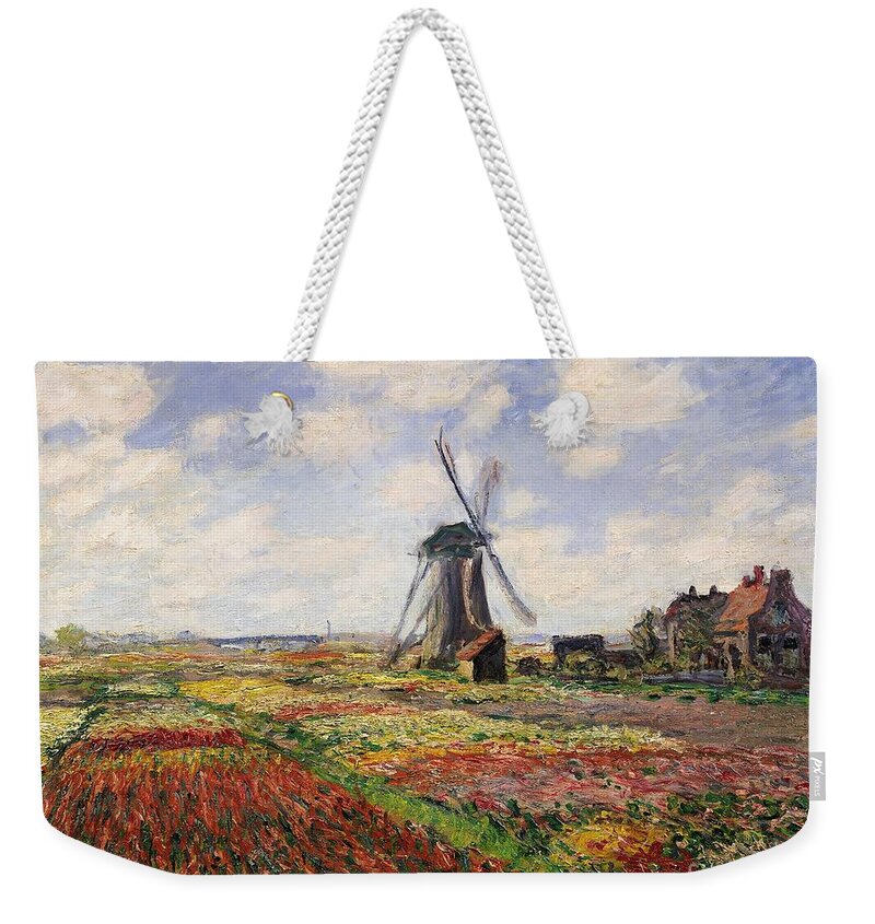 #faatoppicks Weekender Tote Bag featuring the painting Tulip Fields with the Rijnsburg Windmill by Claude Monet
