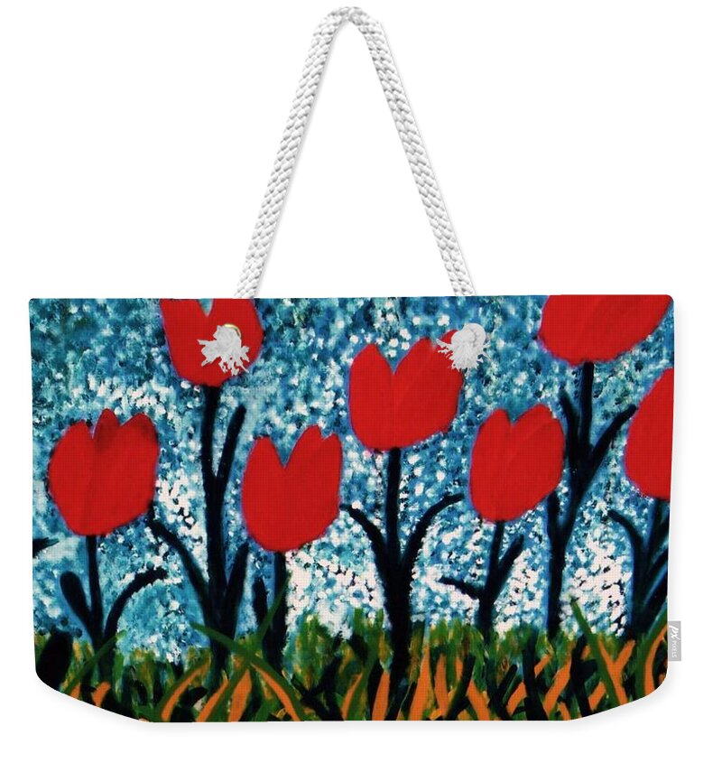 Red Weekender Tote Bag featuring the painting Tulip Time by John Scates