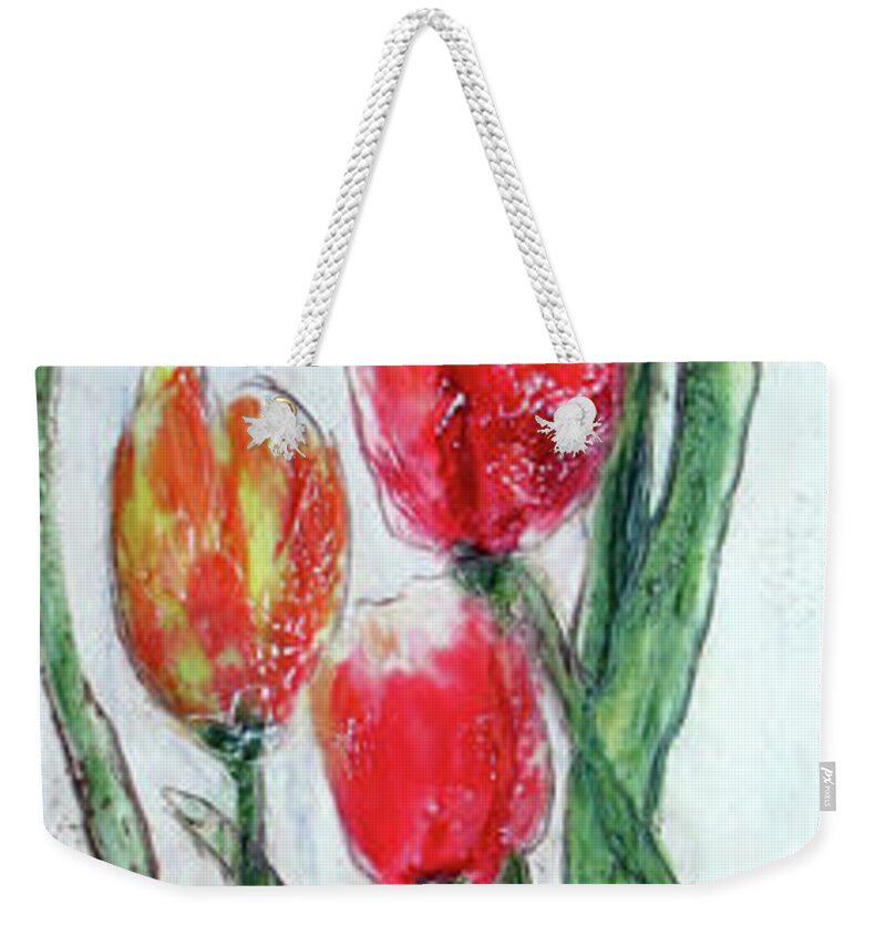 Encaustic Weekender Tote Bag featuring the painting Tulip Trio by Christine Chin-Fook