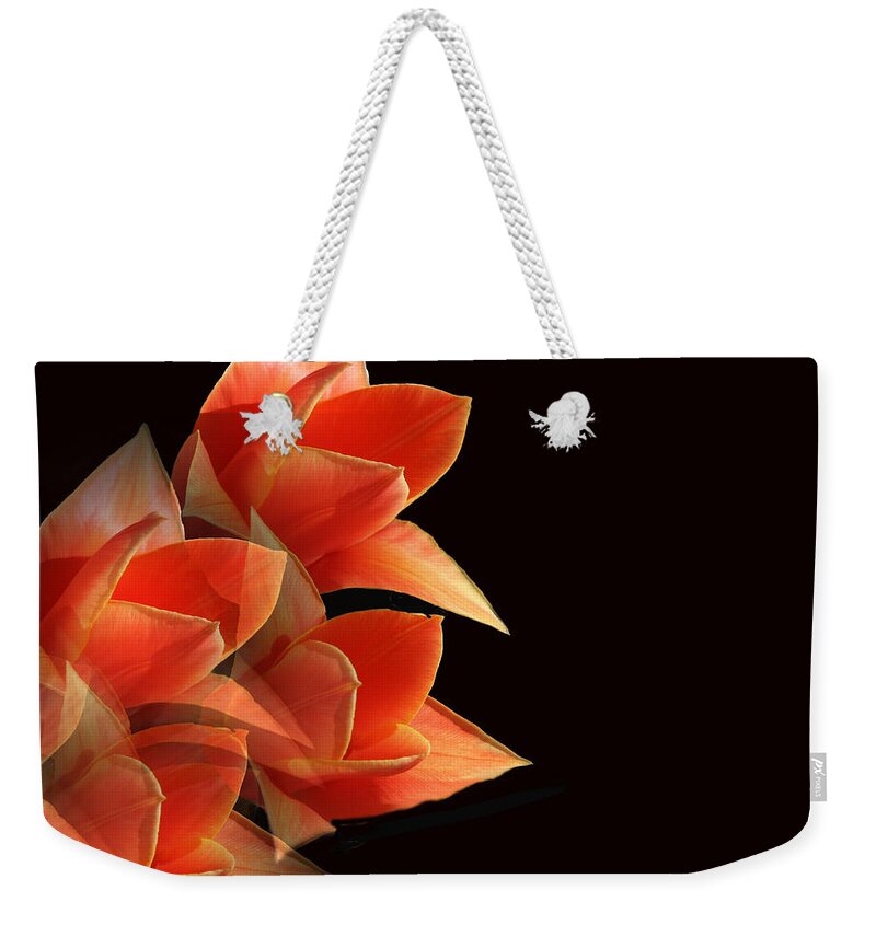 Tulip Weekender Tote Bag featuring the photograph Tulips Dramatic Orange Montage by Femina Photo Art By Maggie