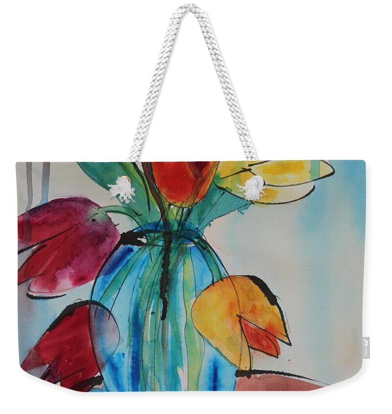 Tulips Weekender Tote Bag featuring the painting Tulips in a Blue Glass Vase by Ruth Kamenev