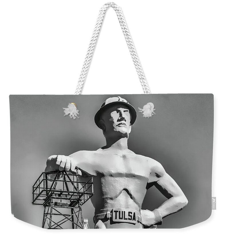 Driller Weekender Tote Bag featuring the digital art Tulsa Golden Driller Black and White Impression by Bert Peake