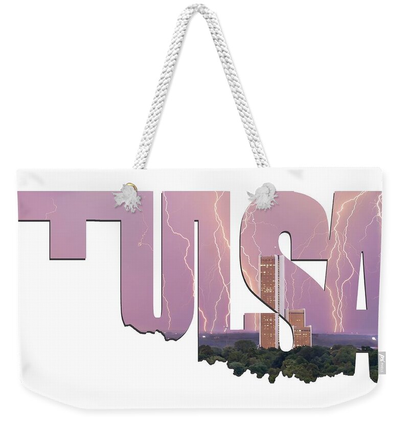 Tulsa Weekender Tote Bag featuring the photograph Tulsa Oklahoma Letters Typographic - Electric Night - Cityplex Towers by Gregory Ballos